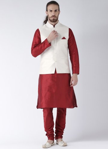 Plain Work Art Dupion Silk Maroon and White Kurta Payjama With Jacket