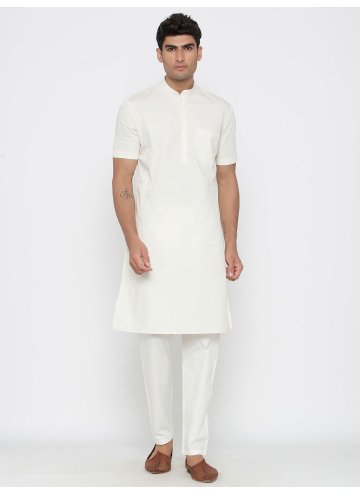 Plain Work Cotton  White Kurta Pyjama