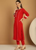Plain Work Rayon Red Pant Style Suit - 1
