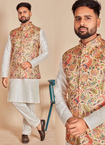 Plain Work Silk Multi Colour and Off White Kurta Payjama With Jacket