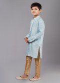 Polly Cotton Kurta Pyjama in Aqua Blue Enhanced with Fancy work - 1