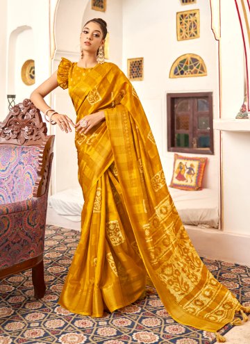 Poly Cotton Classic Designer Saree in Yellow Enhanced with Printed