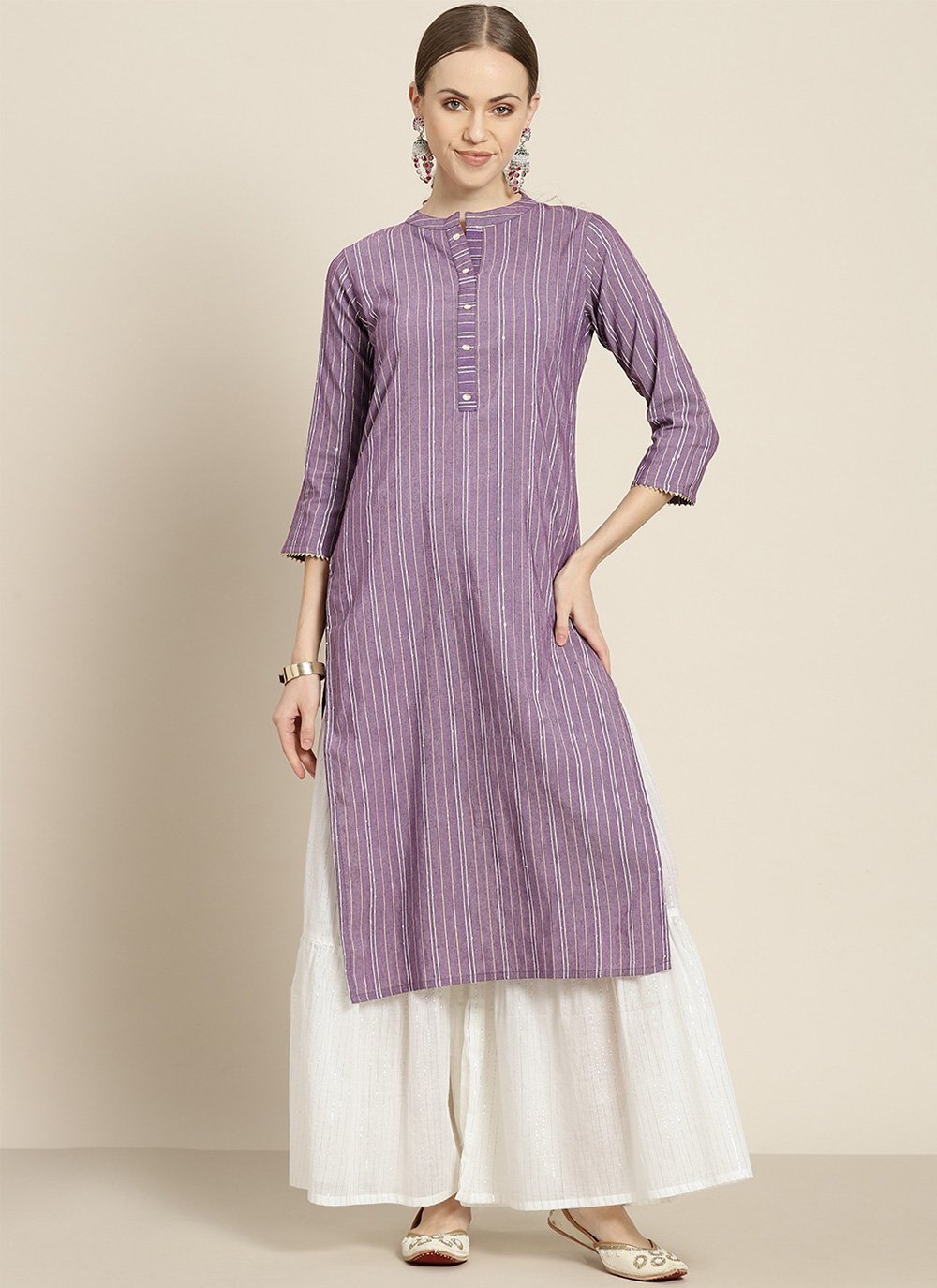 Poly Cotton Designer Kurti in Mauve Enhanced with Embroidered