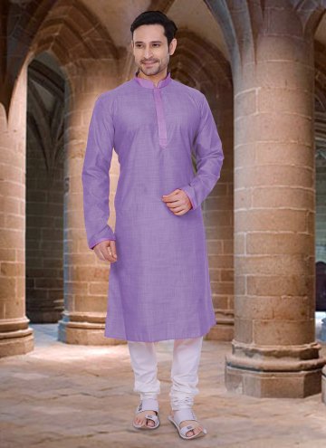 Poly Cotton Kurta Pyjama in Purple Enhanced with Plain Work