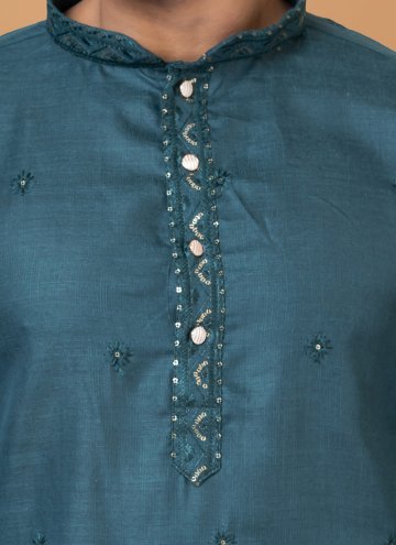 Poly Cotton Kurta Pyjama in Teal Enhanced with Embroidered
