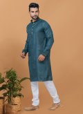 Poly Cotton Kurta Pyjama in Teal Enhanced with Embroidered - 2