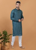 Poly Cotton Kurta Pyjama in Teal Enhanced with Embroidered - 3