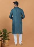 Poly Cotton Kurta Pyjama in Teal Enhanced with Embroidered - 4