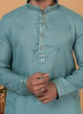 Poly Cotton Kurta Pyjama in Teal Enhanced with Embroidered - 1