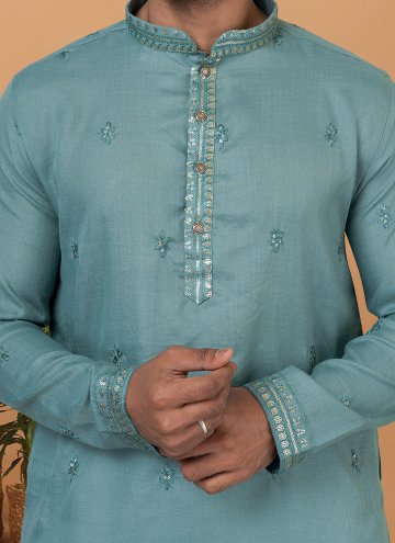 Poly Cotton Kurta Pyjama in Teal Enhanced with Embroidered