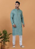 Poly Cotton Kurta Pyjama in Teal Enhanced with Embroidered - 3