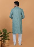 Poly Cotton Kurta Pyjama in Teal Enhanced with Embroidered - 4