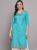 Poly Silk Casual Kurti in Turquoise Enhanced with Foil Print - 1