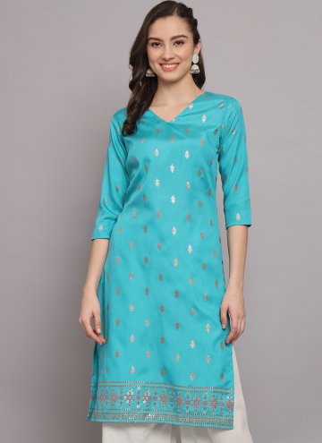 Poly Silk Casual Kurti in Turquoise Enhanced with Foil Print