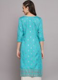 Poly Silk Casual Kurti in Turquoise Enhanced with Foil Print - 2