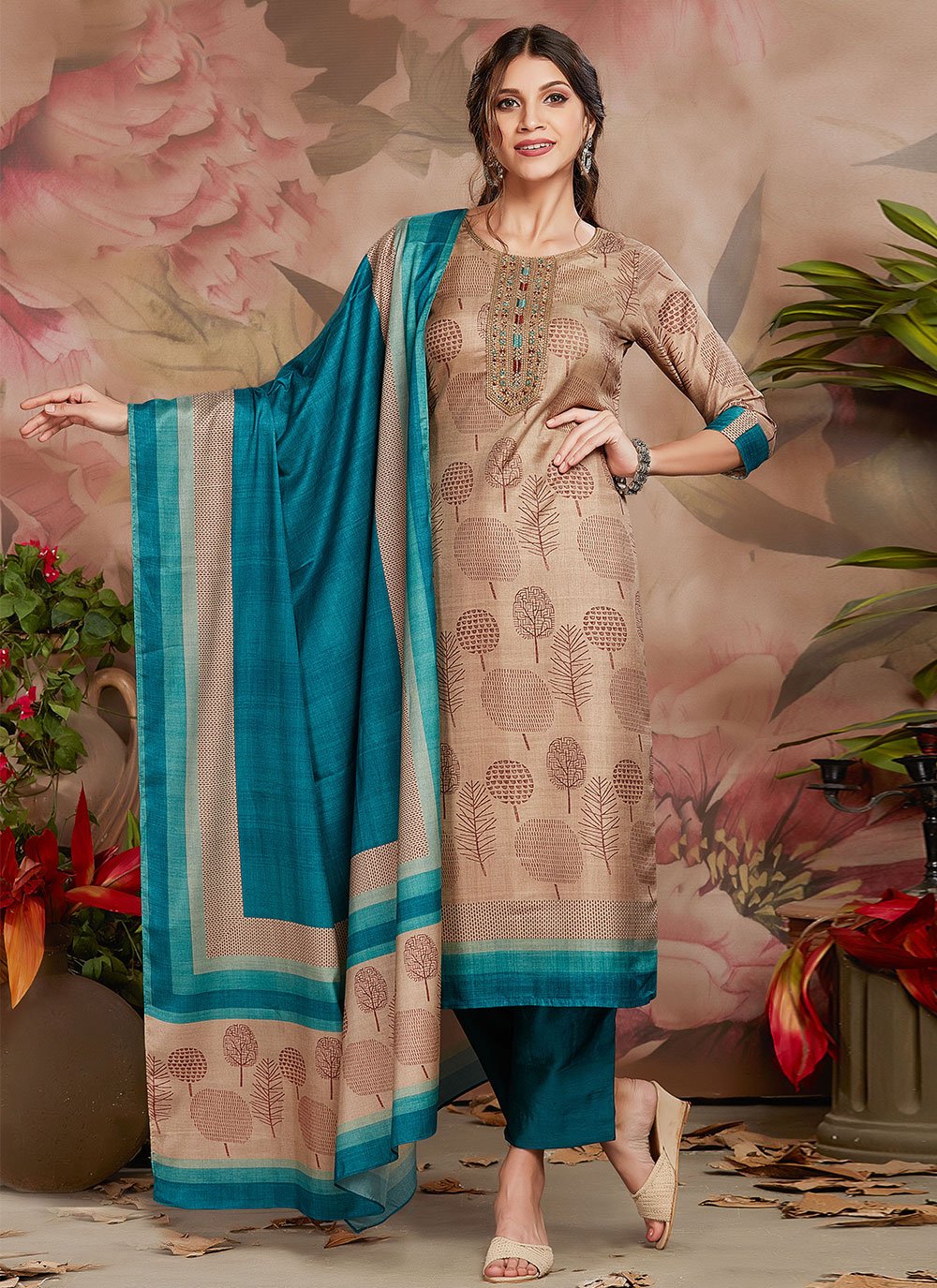 Poly Silk Trendy Salwar Kameez in Beige Enhanced with Digital Print