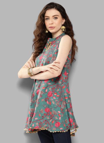 Polyester Designer Kurti in Green Enhanced with Printed