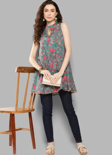 Polyester Designer Kurti in Green Enhanced with Printed