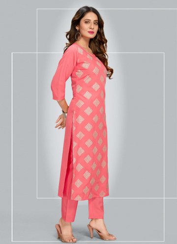 Printed Blended Cotton Pink Pant Style Suit