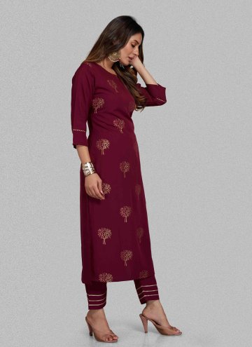 Printed Blended Cotton Wine Pant Style Suit