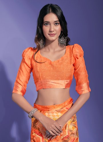 Printed Chiffon Orange Designer Saree