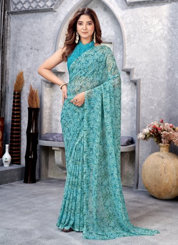 Printed Chiffon Turquoise Trendy Saree