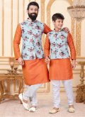 Printed Cotton  Orange Kurta Payjama With Jacket - 1