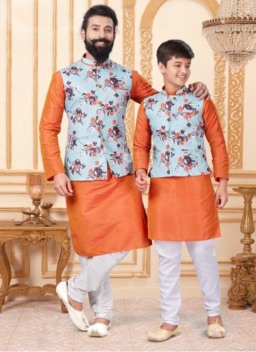 Printed Cotton  Orange Kurta Payjama With Jacket