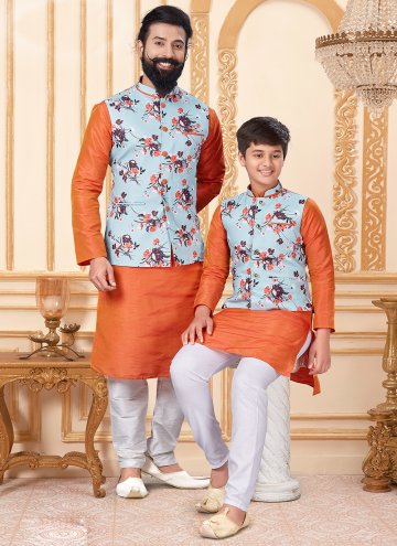 Printed Cotton  Orange Kurta Payjama With Jacket