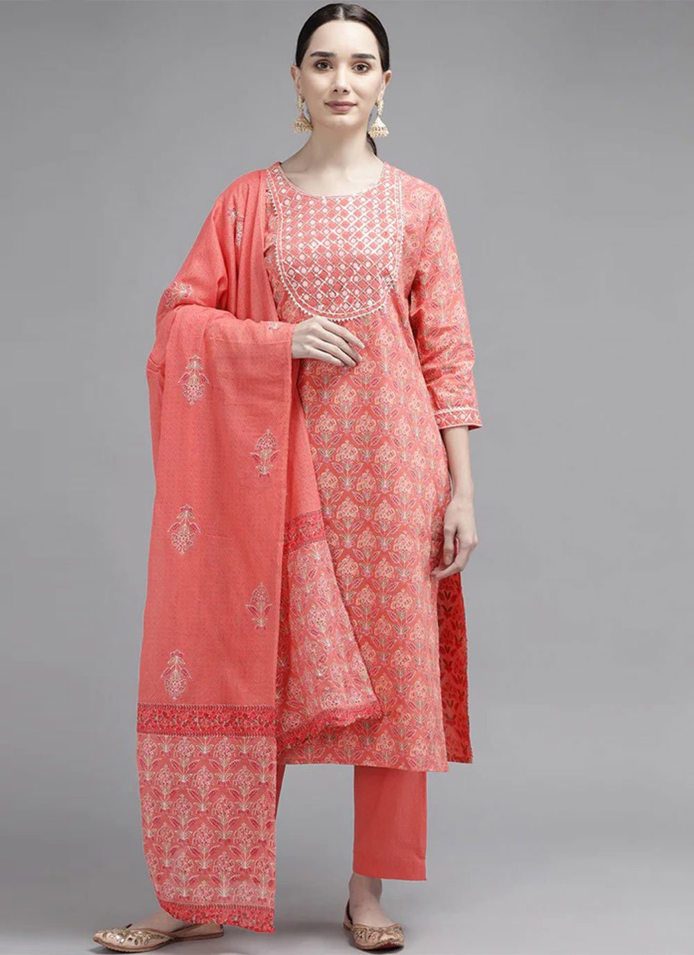 Printed Cotton  Peach Salwar Suit