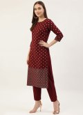 Printed Faux Crepe Maroon Pant Style Suit - 2