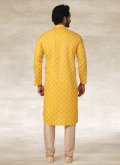 Printed Handloom Cotton Yellow Kurta Pyjama - 1