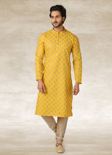 Printed Handloom Cotton Yellow Kurta Pyjama
