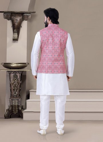 Printed Silk Pink and White Kurta Payjama With Jacket