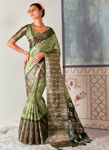 Printed Tussar Silk Green Contemporary Saree