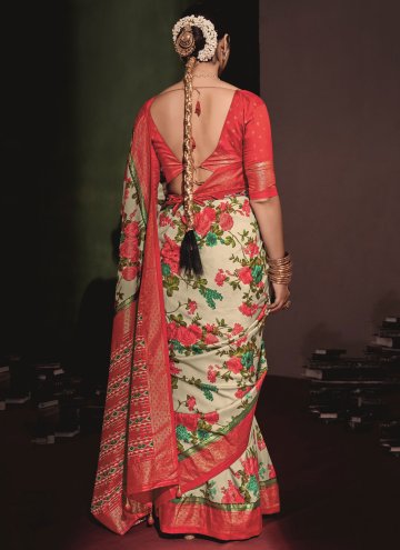 Printed Tussar Silk Off White and Pink Classic Designer Saree