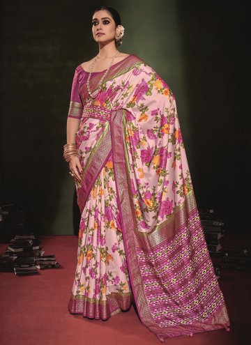 Printed Tussar Silk Off White and Purple Designer Saree