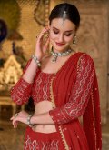 Pure Georgette A Line Lehenga Choli in Red Enhanced with Embroidered - 1
