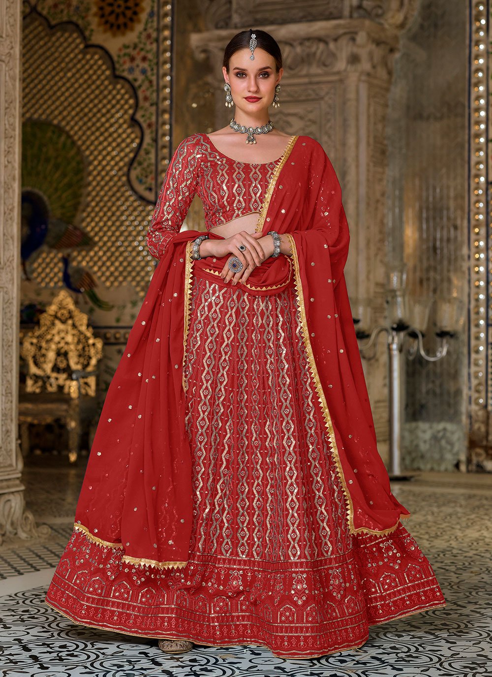 Pure Georgette A Line Lehenga Choli in Red Enhanced with Embroidered