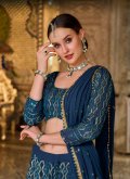 Pure Georgette A Line Lehenga Choli in Teal Enhanced with Embroidered - 1