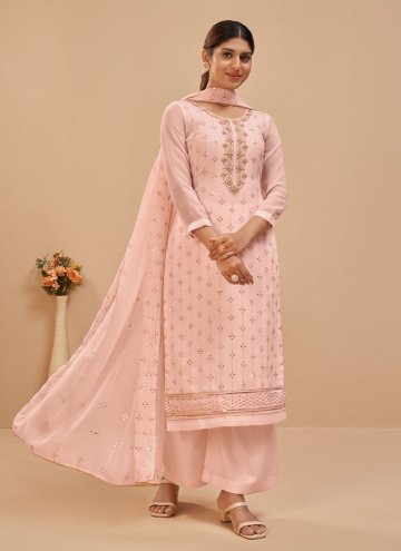 Pure Georgette Designer Pakistani Salwar Suit in Peach Enhanced with Embroidered
