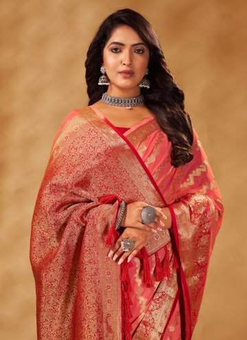 Pure Georgette Designer Saree in Rose Pink Enhanced with Woven