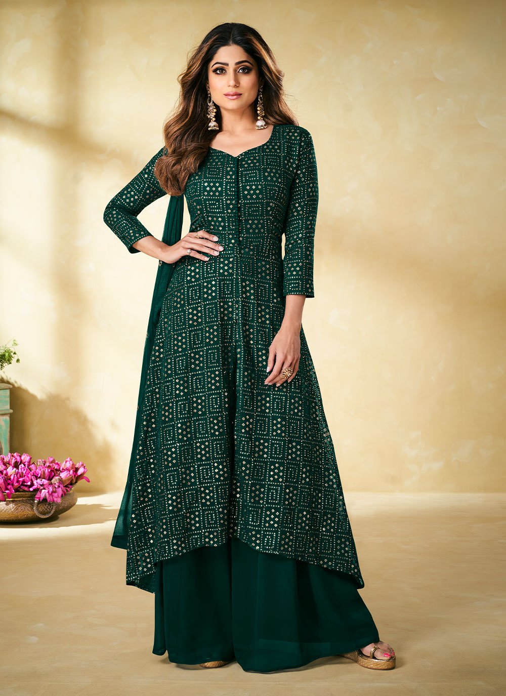 Pure Georgette Salwar Suit in Green Enhanced with Mirror Work