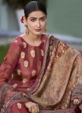 Pure Silk Designer Salwar Kameez in Maroon Enhanced with Jacquard Work - 1