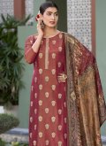 Pure Silk Designer Salwar Kameez in Maroon Enhanced with Jacquard Work - 2