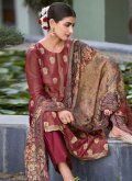 Pure Silk Designer Salwar Kameez in Maroon Enhanced with Jacquard Work - 3