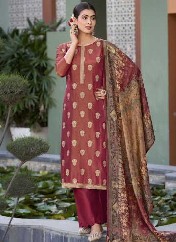 Pure Silk Designer Salwar Kameez in Maroon Enhance