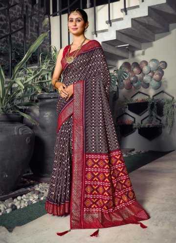 Purple and Red Silk Saree in Tussar Silk with Foil Print