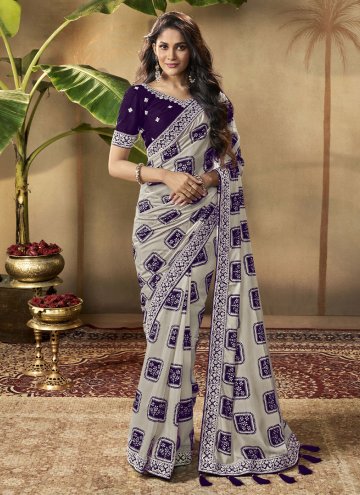 Purple and White Trendy Saree in Crepe Silk with Digital Print