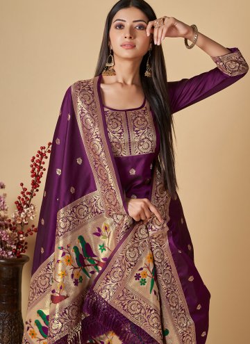 Purple color Banarasi Straight Salwar Suit with Woven
